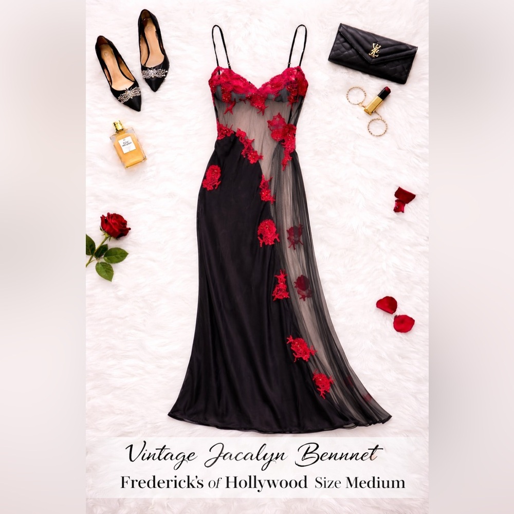 Jacalyn Bennett Frederick’s of Hollywood Red Black Silk Maxi Gown Slip Dress Med
